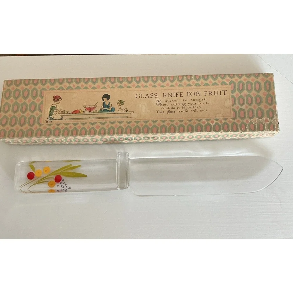 Vintage Painted Fruit & Flowers Clear Glass Fruit/Cake Knife In Original Box